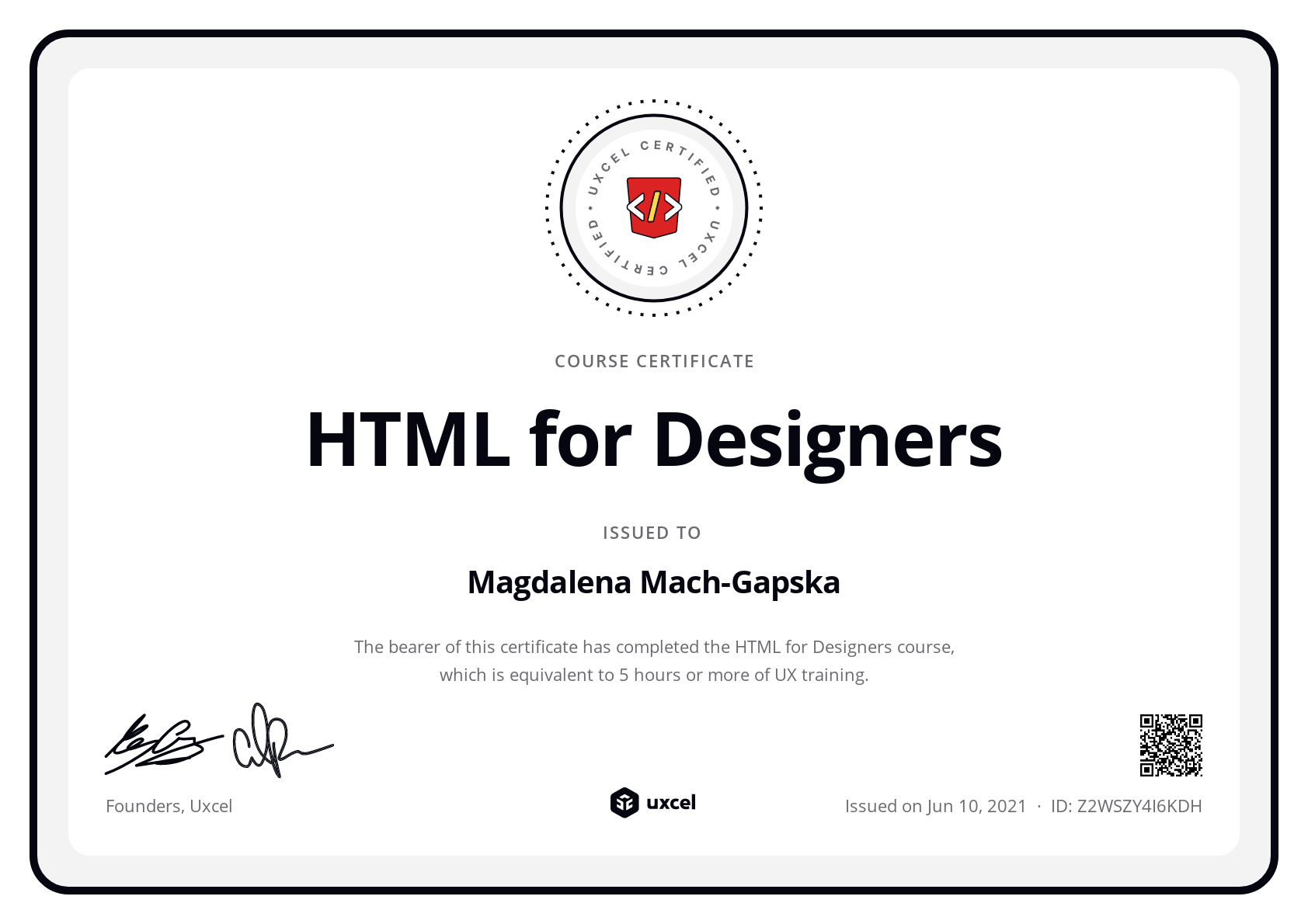 Magdalena Mach-Gapska's certificate